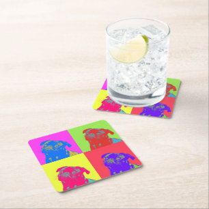Pop Art Pug Portrait Square Paper Coaster
