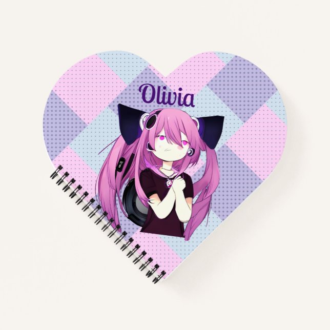 Pop Art Purple and Blue Anime Girl with Cat Ears Notebook (Front)