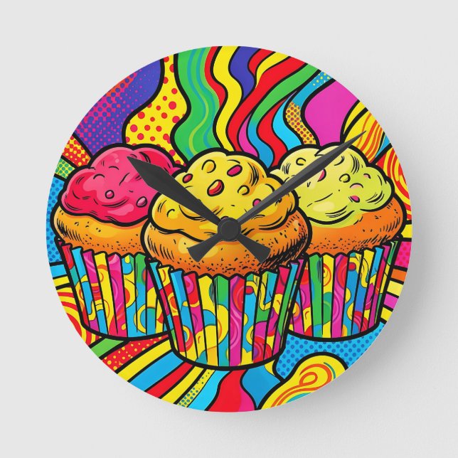 Pop Art Rainbow Cupcakes Explosion Round Clock (Front)