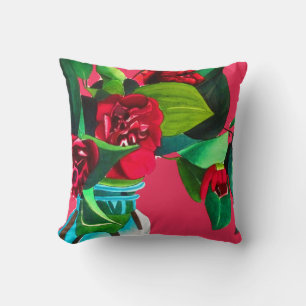 Pop Art red camellia flowers watercolor original Throw Pillow
