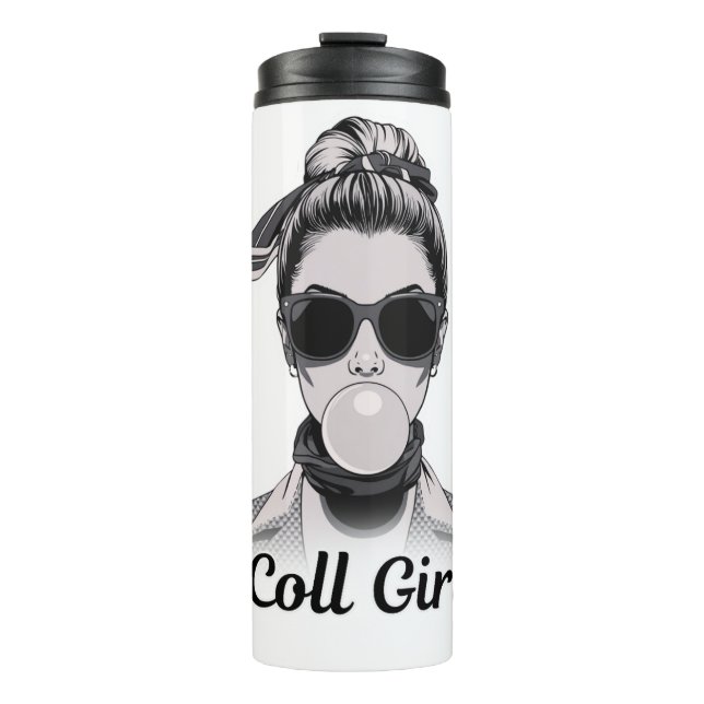 Pop Art Retro Woman Fashion Black and White Thermal Tumbler (Front)