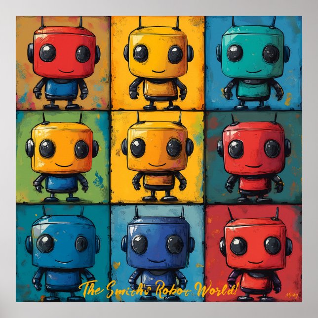 Pop Art Robot Grid Colourful Wall Art (Front)