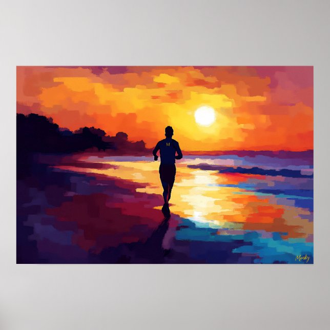 Pop Art Running at Sunset  – Beach Jogger Art Poster (Front)