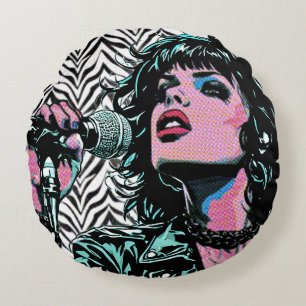 Pop Art Singer Teal Pink Punk Rocker Music Lovers Round Pillow