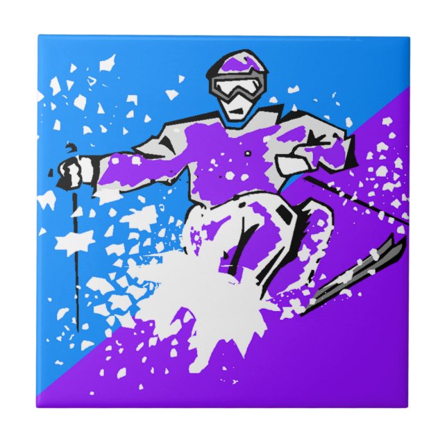 Pop-art Skiing Purple Blue Diagonal Accent Tile (Front)