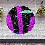 Pop Art Skyline Bright Purple Pink Stars  Dartboard<br><div class="desc">Original Pop Art by Skylar Jenkins. The purple buildings are softened with green clouds,  dark blue moons and an orange heart.</div>