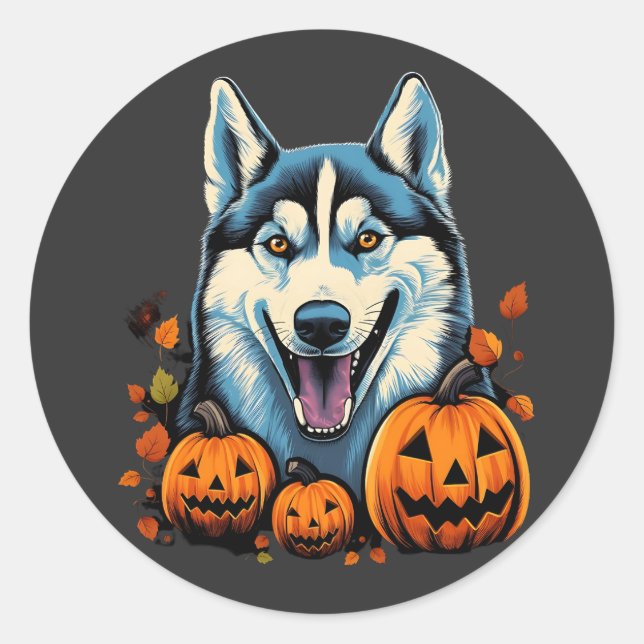 Pop Art Smilling Husky Dog with Pumpkins Halloween Classic Round Sticker (Front)