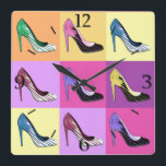 Pop Art Stiletto Pumps / Shoes / High Heels Square Square Wall Clock<br><div class="desc">Clock in "Glorification of the Stiletto" print - Pop Art rendering of the beloved stiletto pump</div>