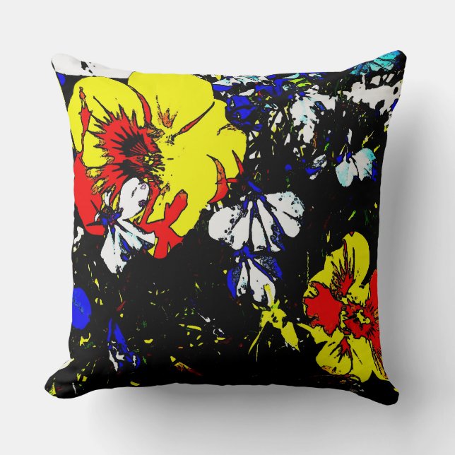pop art style red yellow blue and white flowers throw pillow (Front)