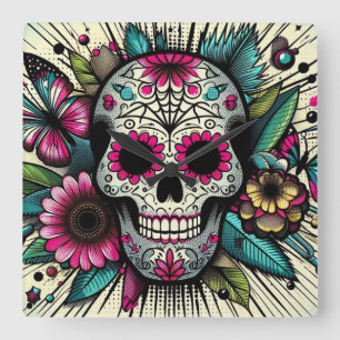 Pop Art Sugar Skull Square Wall Clock