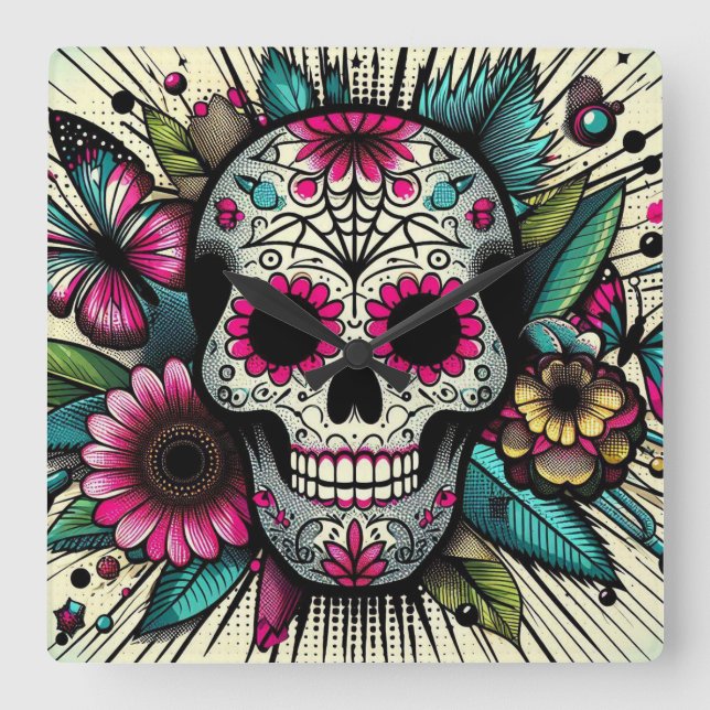 Pop Art Sugar Skull Square Wall Clock (Front)