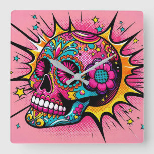 Pop Art Sugar Skull Square Wall Clock