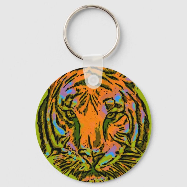 Pop Art TIGER HEAD + your backgr. & ideas Keychain (Front)