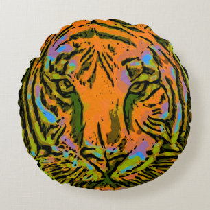 Pop Art TIGER HEAD + your backgr. & ideas Round Pillow