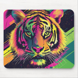 Pop Art Tiger Illustration with Neon Colors Mouse Pad