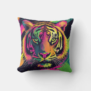 Pop Art Tiger Illustration with Neon Colors Throw Pillow