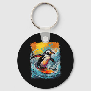 Pop Art Vintage Zoo Bird Surfing Penguin Keychain