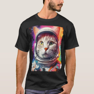 Pop Art White Cat Space Exploration T-Shirt