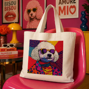 Pop Art White Poodle Dog in Colourful Retro Outfit Large Tote Bag