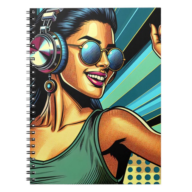 Pop Art Woman in Headphones Dancing Notebook (Front)