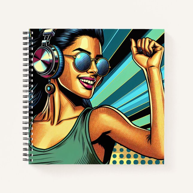 Pop Art Woman in Headphones Dancing Notebook (Front)