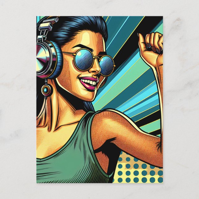 Pop Art Woman in Headphones Dancing Postcard (Front)