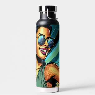 Pop Art Woman in Headphones Dancing Water Bottle