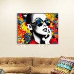 Pop art woman with sunglasses poster<br><div class="desc">A woman with stylish sunglasses gazes thoughtfully. The background is vivid and filled with dynamic comic book-like elements in bright colours.</div>