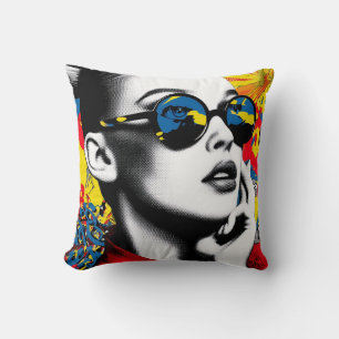 Pop art woman with sunglasses throw pillow