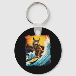 Pop Art Zoo Vintage Bird Horned Owl Surfing  Keychain