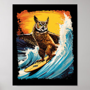 Pop Art Zoo Vintage Bird Horned Owl Surfing Poster