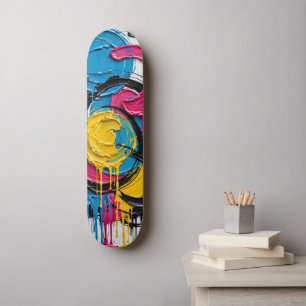 Pop Circles Drip - Colourful Blue Pink Yellow Blac Skateboard