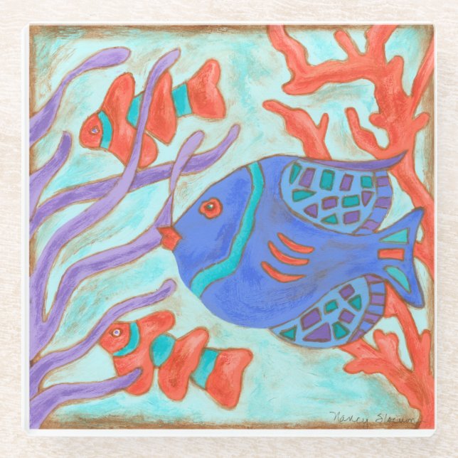 Pop-Coloured Fish Glass Coaster (Front)