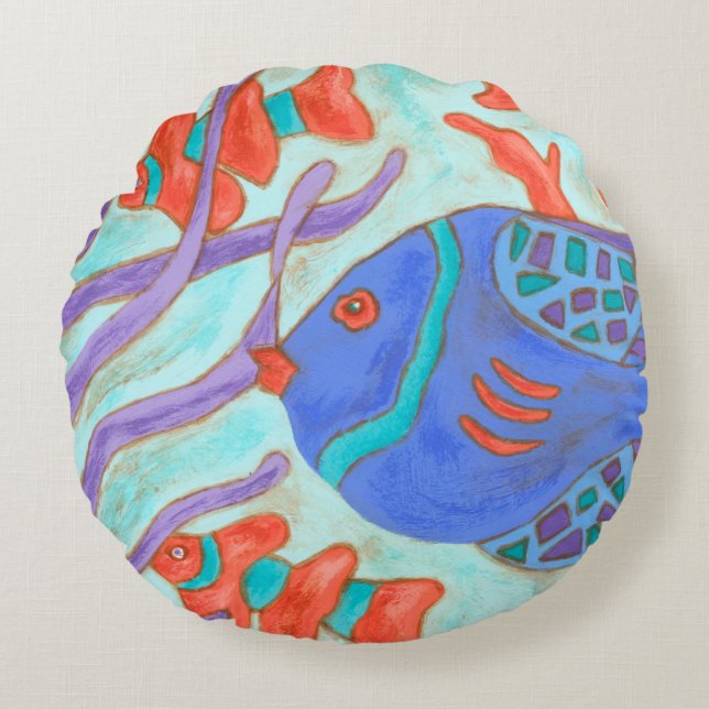 Pop-Coloured Fish Round Pillow (Front)