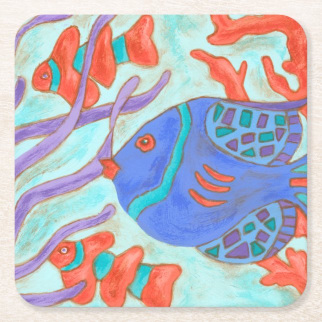 Pop-Coloured Fish Square Paper Coaster (Front)