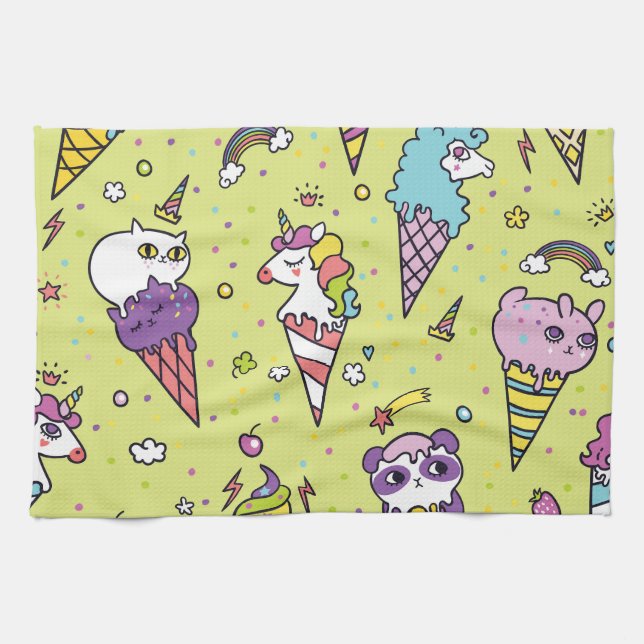 Pop Cute Ice Cream: Animal Pattern Kitchen Towel (Horizontal)