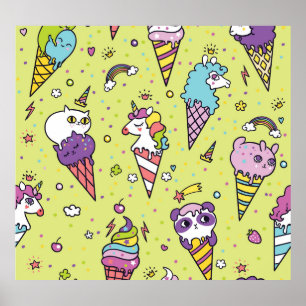 Pop Cute Ice Cream: Animal Pattern Poster