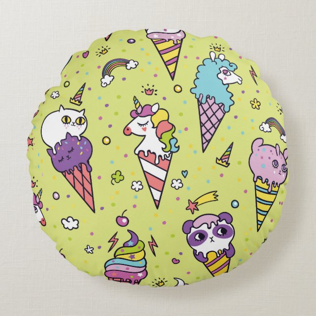 Pop Cute Ice Cream: Animal Pattern Round Pillow (Front)