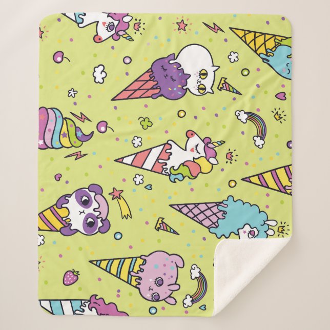 Pop Cute Ice Cream: Animal Pattern Sherpa Blanket (Front)
