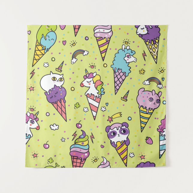 Pop Cute Ice Cream: Animal Pattern Tapestry (Front)
