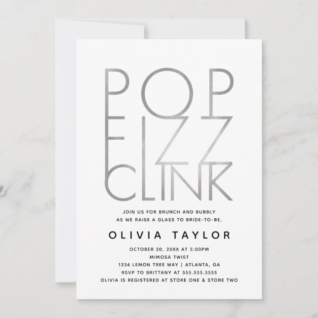 Pop Fizz Clink Bridal Shower Invitation, Silver Invitation (Front)