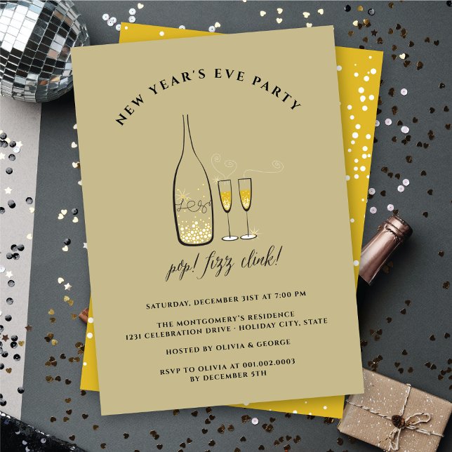 Pop Fizz Clink Champagne Cheers New Year Eve Party Invitation (Pop Fizz Clink Champagne Cheers New Year Eve Party Invitation @ fat_fa_tin)