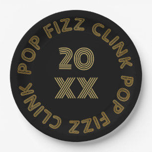 Pop Fizz Clink Modern Typography New Year's Eve Paper Plate