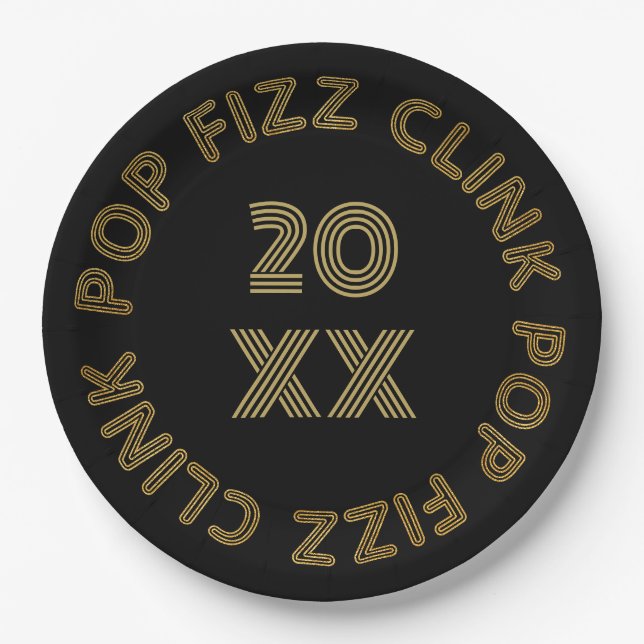 Pop Fizz Clink Modern Typography New Year's Eve Paper Plate (Front)