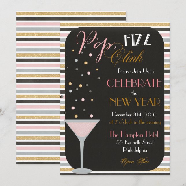 Pop Fizz Clink Nouvel An Invitation (Devant / Derrière)