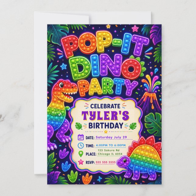Pop It Dinosaur Birthday Party Invitation (Front)