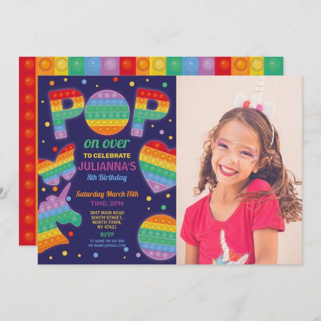 Pop it Party Fidget Birthday Navy Photo Invitation (Front/Back)