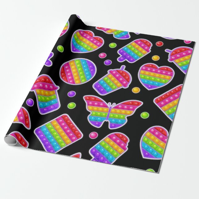 Pop it Rainbow Butterflies and Hearts Birthday Wrapping Paper (Unrolled)