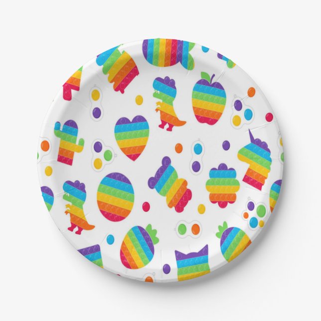 Pop it Rainbow Dinosaurs and Unicorns Birthday Paper Plate (Front)
