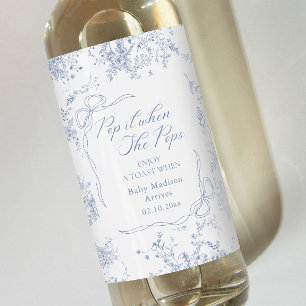 Pop it When She pops Blue Floral Baby Shower Wine Label